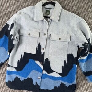 Oversized Shacket Womens L Blue Mountain Print Button Down Jacket Gorpcore Indie